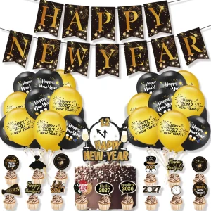 New Year Party Decoration Set Gold and Black Latex Balloons Banner Cupcake Toppers Festival Party Supplies