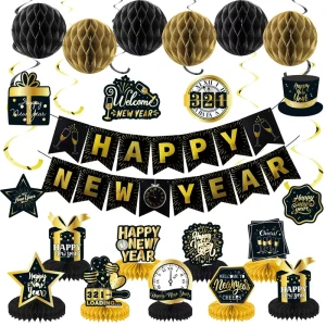 New Year Party Decoration Set Happy New Year Balloon Set Black and Gold New Year Party Decoration Set Celebration Props
