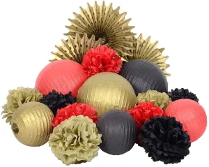New Year Party Holiday Golden Black Theme Customizable Paper Crafts Party Decoration Kit Tissue Paper Foldable Lantern Pom Pom