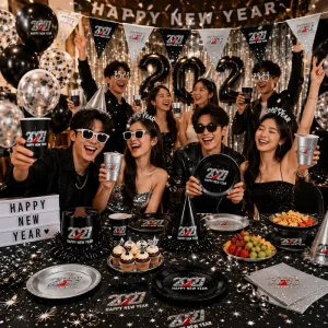 New Year Party Supplies Black Silver Disposable Tableware Set Plates Cups Napkins Decorations for New Year Eve Celebration