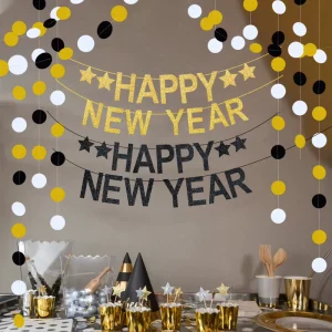 New Year Theme Happy New Year Letter Banner Durable Paper Party Decorations with Glitter Flowers New Year Party Novelties