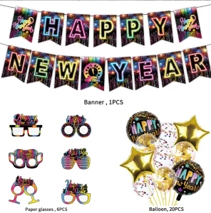 New Year Theme Party Decoration Flag Pulling Happy New Year Festival Party Paper Glasses Balloon Set