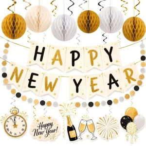 New Year White Gold Party Decor Set Happy New Year Banner Swirl Hanging Ornaments Paper Pom poms Scene Layout