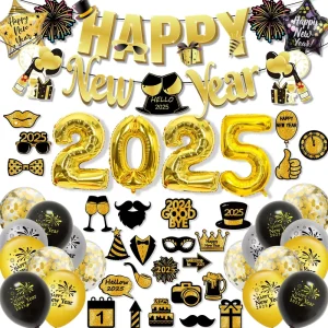New Year and Happy Birthday Party Decoration Set Cake Topper Banner Balloons Photo Props for Lunar New Year Celebrations