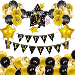 New Year’s Balloon Decoration Balloon 12-inch Latex Aluminum Film Combination with New Year’s Party Pulling Flag Balloon Set