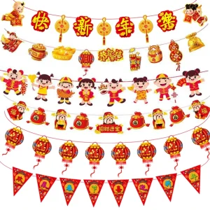 New Year’s Day Party Decorations Gold Ingot and Wealth God Banners Congratulations Getting Rich Paper Flowers Stock