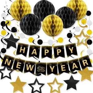 New Years Day Themed Party Decorations Black and Gold Toast Star Hats Pull Up Banners Confetti Streamers Honeycomb Ball