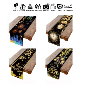 New Year’s Eve Dinner Black Gold Table Runner and Banner 180x35cm Polyester Happy New Year Restaurant Decorations