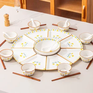 New Year’s Eve Dinner Fan Shaped Ceramic Mountain Chrysanthemum Reunion Platter Tableware Combination Bowl Set