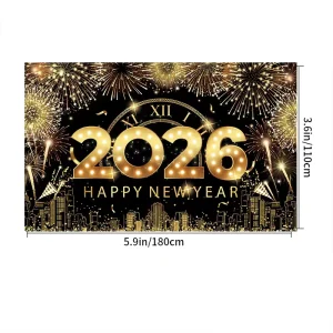 New Year’s Eve Party Banner Polyester Black Gold Background Happy New Year Wedding Decoration