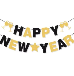 New Years Eve Party Decoration New Years Sign with Champagne Glass & Star Glitter Black & Gold Happy New Year Banner