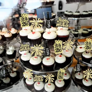 New Year’s Eve Party Decorations 12pcs Gold Glitter Cupcake Toppers & Picks ‘Happy New Year Champagne Fireworks’ Theme