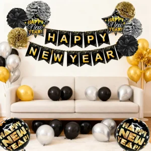 New Year’s Eve Party Decorations Kit Black Gold and Silver Balloons and “Happy New Year” Banner for a Glamorous