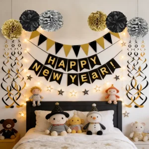New Year’s Eve Party Decorations Kit Black Gold and Silver and “Happy New Year” Banner for a Glamorous Celebration