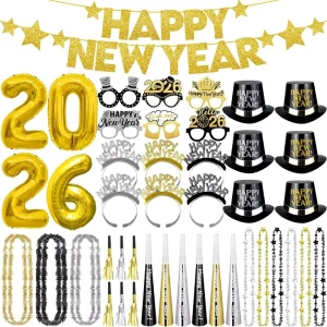 New Year’s Eve Party Supplies Decorations Party Favors Plastic Foil Balloons Banner Headband Tiaras Horns Squawkers Glasses
