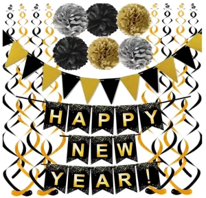 New Years Eve Party Supplies Happy New Year Decorations Kit Happy New Year Banner Hanging Paper Pom Poms for Party Decor