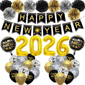 New Year’s Eve Party Supplies Happy New Year Foil Banner and Hanging Swirls Pom Poms for NYE Decorations New Arrival