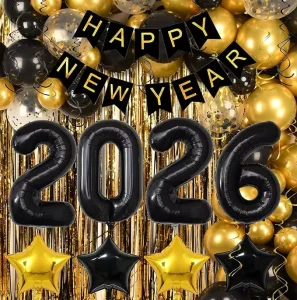 New Years Eve Party Supplies Kit 153 Pcs Huge Red Balloons with Happy New Year Banner for New Year Party Decorations