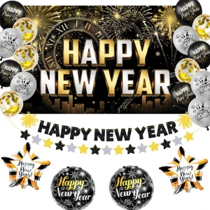 New Year’s Eve Party Supplies Kit Black Gold Happy New Year Banner Letter Foil Balloon NYE Decoration Latex Flower Hanging