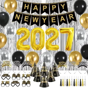 New Year’s Eve Party Supplies Kit Happy New Year Banner Latex Letter Foil Hat Glasses Headpiece Tassel Curtain Decor Props