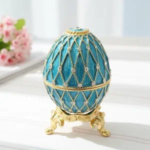 New Zin Alloy Enamel Crystal Blue Metal Enamel Decorative Faberge Egg for Easter Gift