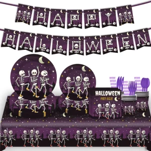 Newest Halloween Skull Theme Disposable Tableware Set Birthday Decoration Paper Halloween Plates Cup Napkin Tablecloth Banner