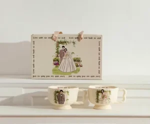 Newlywed Porcelain Bowl Plate Cup Set Microwave Dishwasher Freezer Safe Flower Shape Modern Minimalist 2 Person Wedding Gift Box