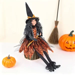 Ningbo SOTE New Handmade Plastic Fiber Sitting Witch Figurine Orange Indoor Decoration for Halloween