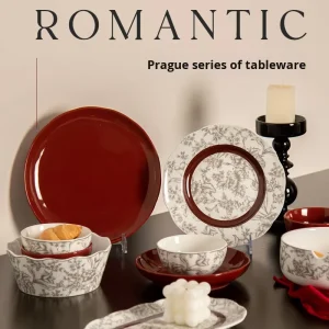 Nordic Minimalist Red Ceramic Dinnerware Set with Lightweight Porcelain Bowls & Plates for Modern Household Dishwasher Safe