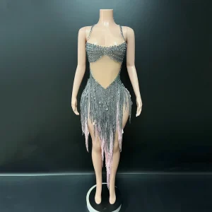 Novance Y5494 New Fashion Latin Dance Festival Costume One Size Nude Mesh Rhinestone Dress for Performance Stage