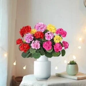 OEM Custom Mixed Color Artificial Geranium Flower Bush With Realistic Green Foliage Lifelike Fake Pelargonium Bouquet