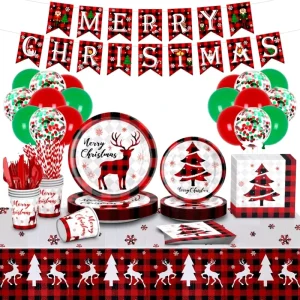 OEM Disposable Tableware Set in Red Black Festive Christmas Tree Elk Balloon Party Decorations Cartoon Style Christmas Theme