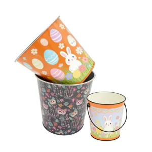 OEM Factory Custom Made Metal Easter Bucket Tinplate Cans Happy Easter Printed Tin Large Easter Buckets For Easter Hunt Promote