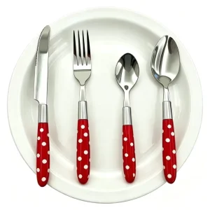 OEM ODM Customized Cutlery Set 430 Stainless Steel Flatware Red Polka Dot Plastic Handle Kids Dinnerware Factory
