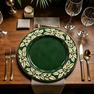 OEM ODM Customized PP Reusable Green Christmas Charger Plates for Wedding Festive Centerpieces Table Decor