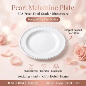 OEM ODM Eco Friendly Engraving White Beaded Edge Melamine Dinnerware Plate Elegant Wedding Banquet Event Reception Party Table