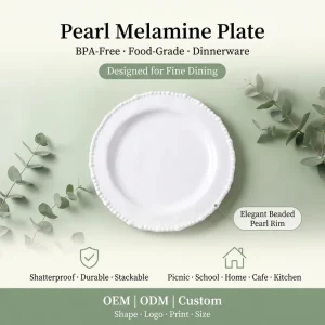 OEM ODM Pearl Rim Melamine Plate Dinnerware BPA Free Round Plate for Sushi Appetizer Dessert Salad Cake Snack Serving French