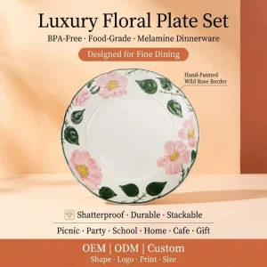 OEM ODM Pink Flower Melamine Dinnerware Plate 8 Inch Round Shatterproof for Home Kitchen Daily Breakfast Lunch Dinner