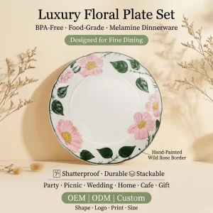 OEM ODM Pink Rose Floral Melamine Plate Dinnerware 8″ Round Unbreakable Dinner Plate for Restaurant Hotel Fine Dining Catering