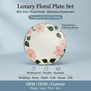 OEM ODM Pink Rose Floral Melamine Plate Dinnerware Vintage 8″ Round Plate for Picnic Outdoor Garden Afternoon Tea Party Buffet