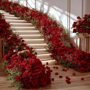 OLER Luxury Artificial Silk Flower Runner Red Rose Baby Breath Durable Wedding Parties Decorative Centerpieces Table Decorations
