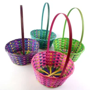 Oem Odm Handmade Natural Colorful Bamboo Eco Friendly Round Gift Basket Storage Display Bamboo Handle Easter Basket