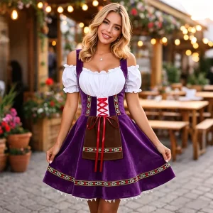 Oktoberfest Dirndl Costume Accessory in Purple Polyester Velvet for Women’s Bavarian Beer Festival with Apron