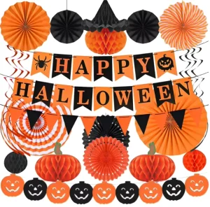 Orange Black Pumpkins Honeycomb Ornament Banners Garland Foil Swirls Paper Fans Happy Halloween House Room Wall Reusable