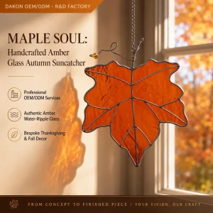 Orange Maple Leaf Stained Glass Suncatcher Amber Water Ripple Glass Fall Decoration Thanksgiving Gift Autumn Window Hanging Art