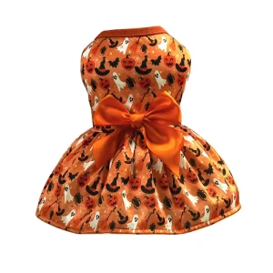 Orange Polyester Princess Halloween Costume Dress for Dogs Pumpkin Lantern Satin Bowknot Sleeveless Skirt Fall