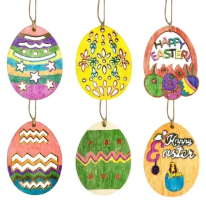 Ornaments Slices DIY Crafts Party Home Hanging Decoration Easter Egg Wood Unfinished Wooden Easter with Hemp Rope for Kids Gift