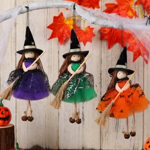 PARTYMENT Spooky Halloween Hanging Witch Girl Angel Doll Decoration Mesh Broom Bell Pendant For Christmas Tree Party