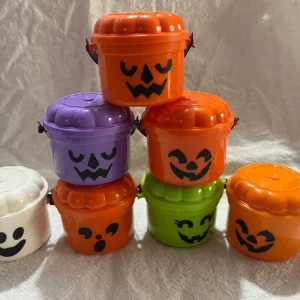 Pafu Halloween Party Favor Decor Kids Candy Pail Small Plastic Goodie Container Mini Halloween Pumpkin Bucket with Lid Handle