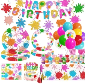 Paint Birthday Party Banners Swirls Garland Cake Toppers Balloons Plates Cups Napkins Straws Table Cloth Dinnerware Set Supplies